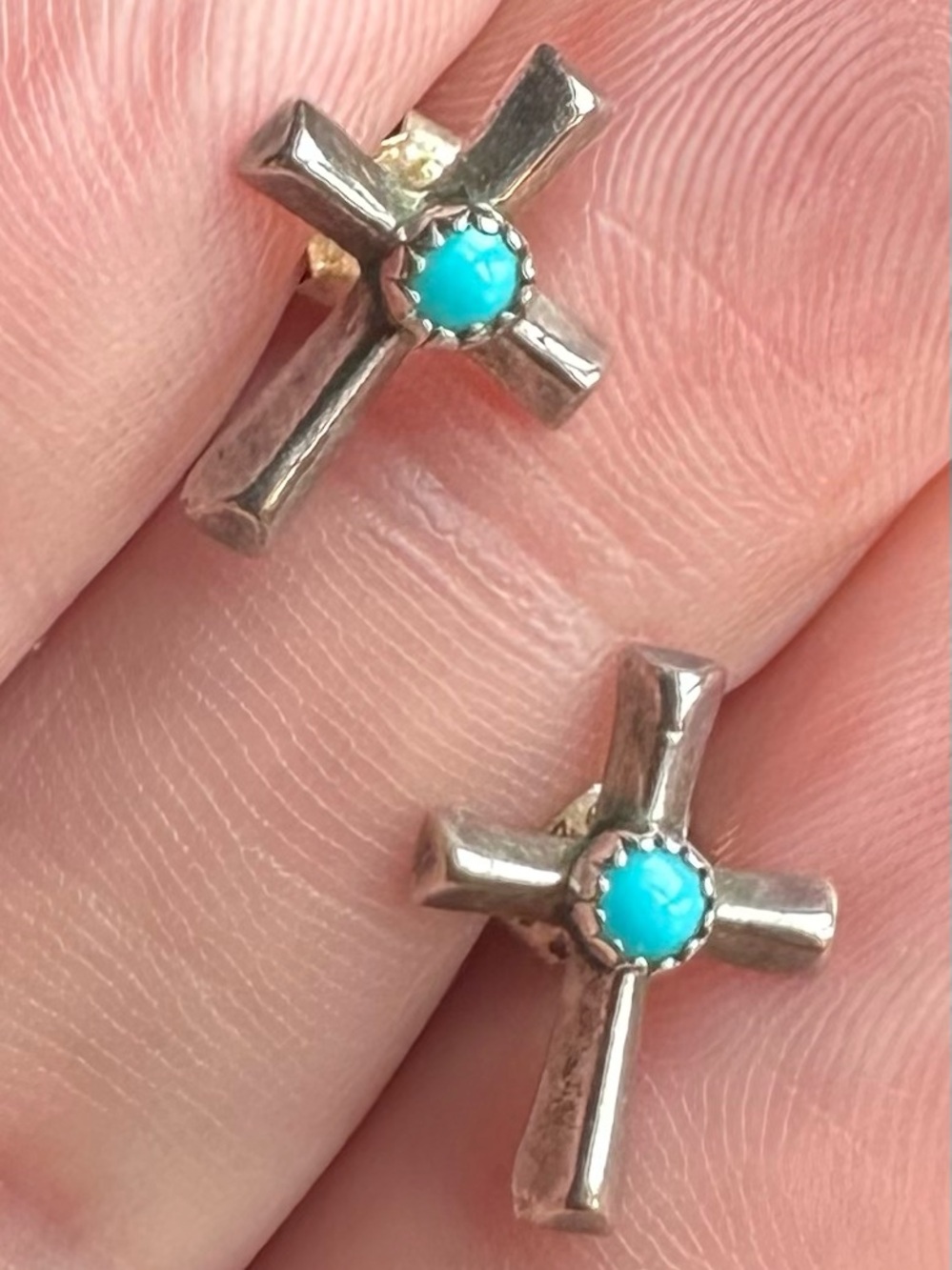 Vintage Sterling Cross Stud Earrings with Turquoise Center